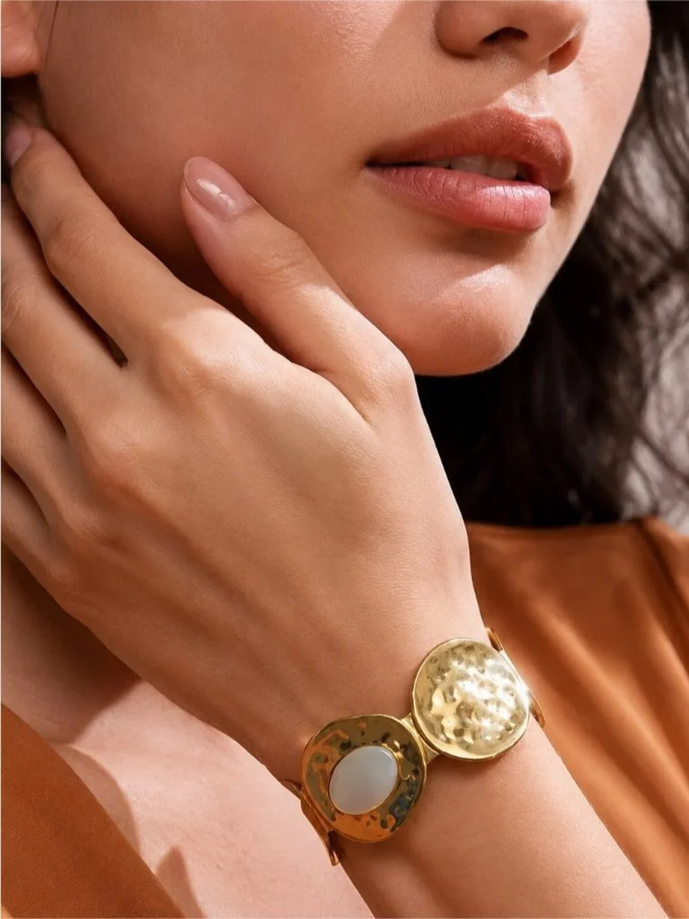 Gold Tone Cuff Bracelet with White Mother-of-Pearl Center